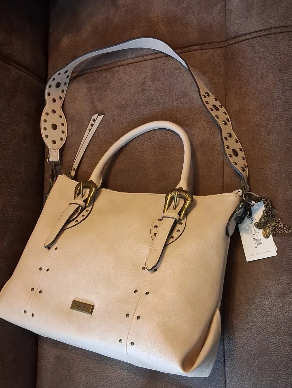 Jessica Simpson Beige Women's Faux Leather Tote Bag with Decorative Buckles